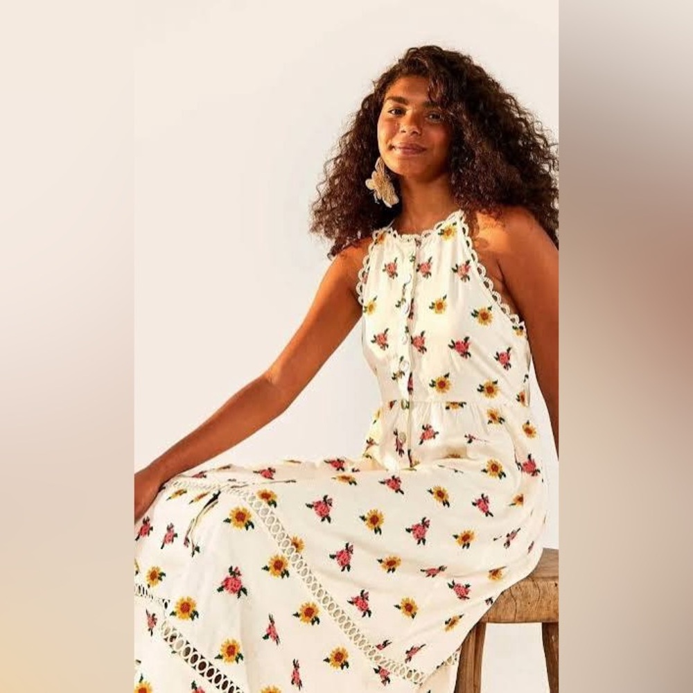 FARM RIO Cross Stitch Floral Linen Midi Dress